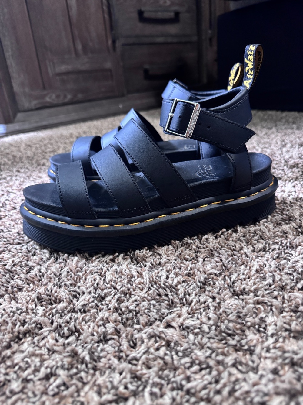 Dr. Martens AirWair Black Platform Sandals with Yellow Stitching